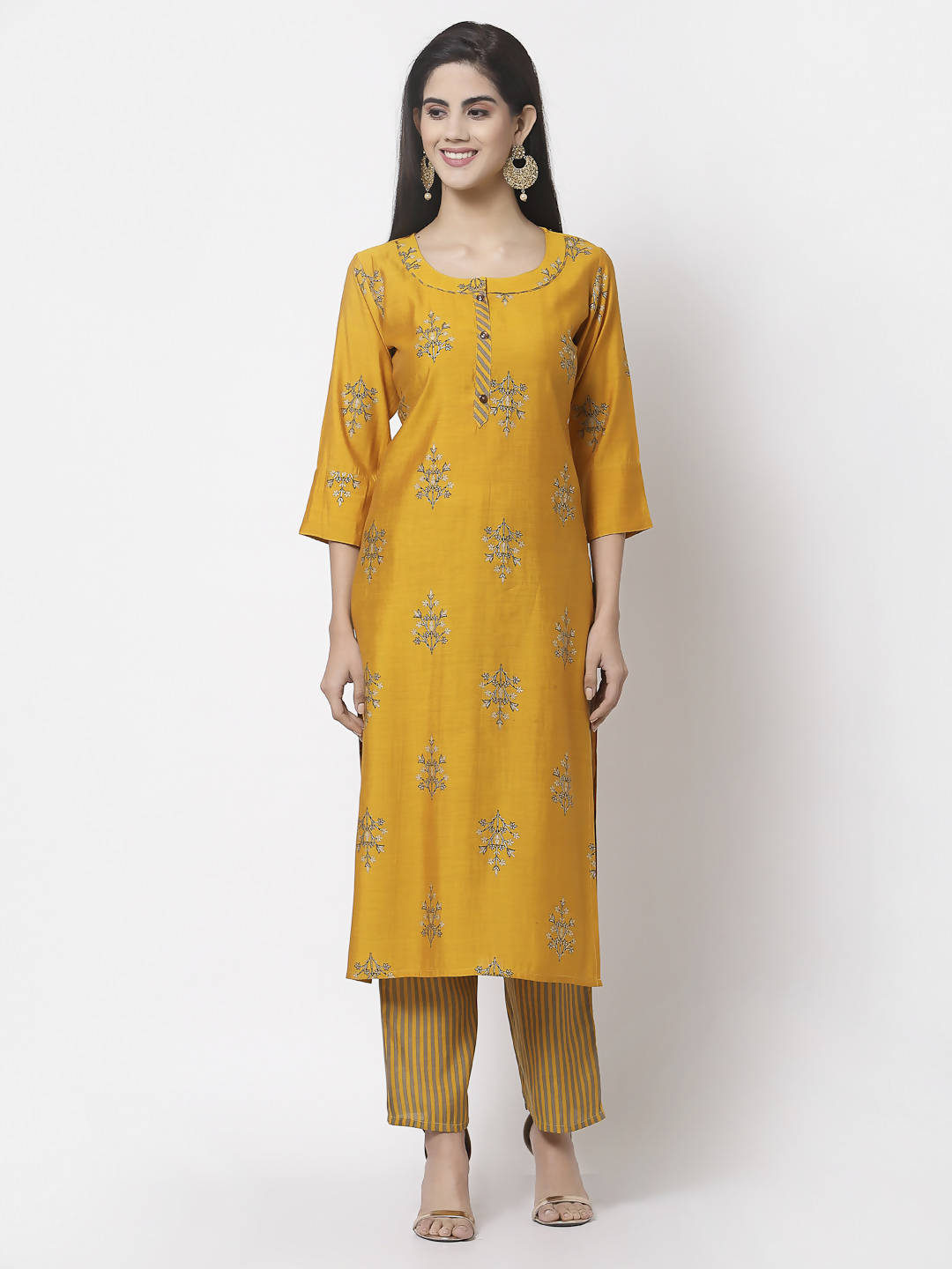 Myshka Mustard Viscose Printed 3/4 Sleeve Round Neck Kurta Pant Dupatta Set