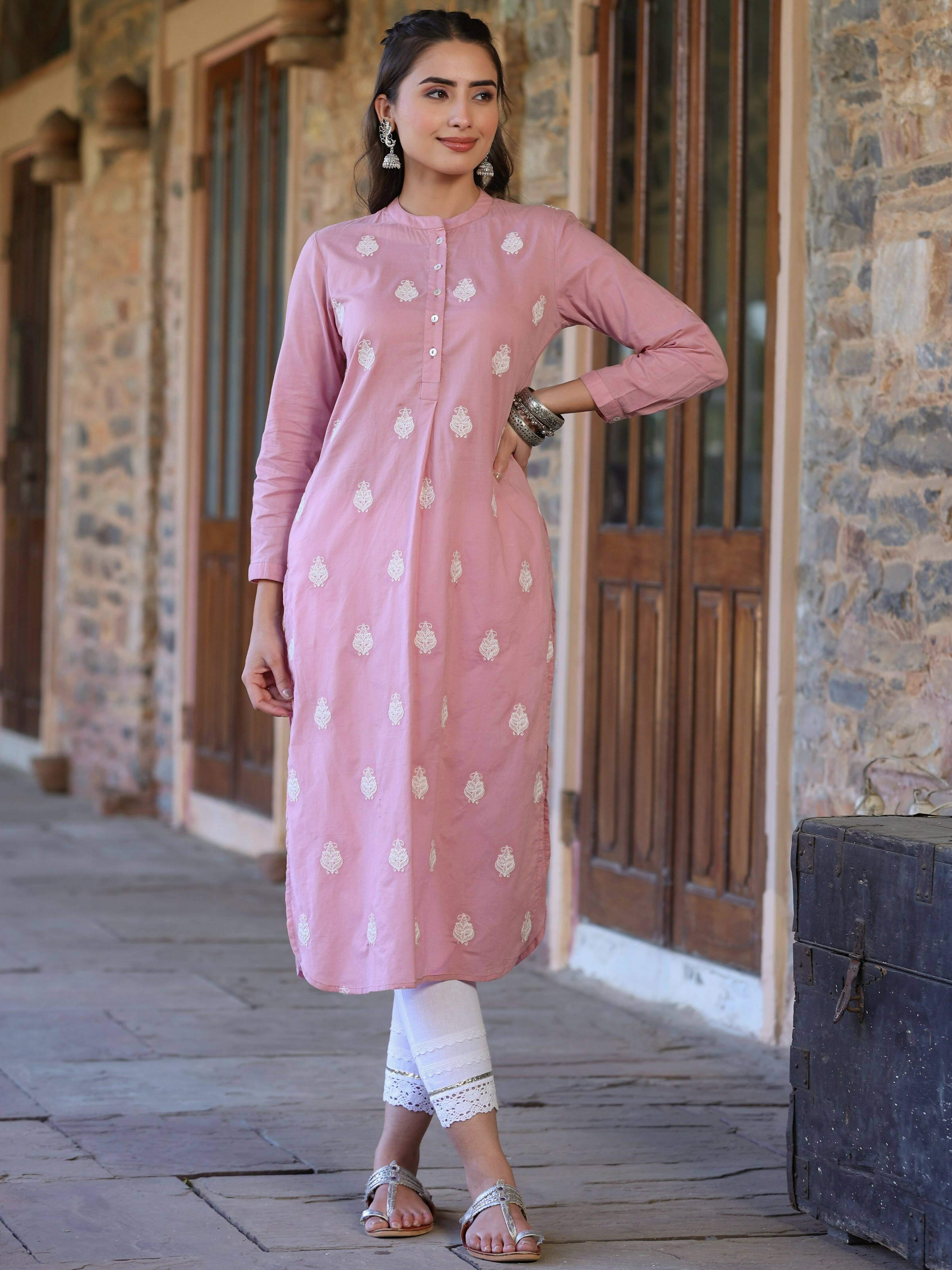 Juniper Women's Pink Cambric Printed Straight Kurta - Distacart