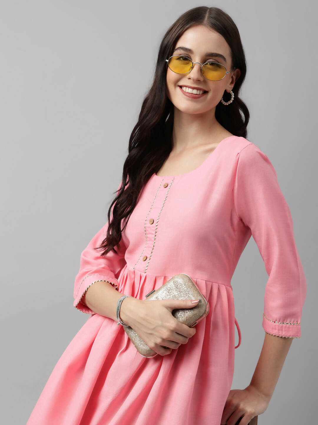 Pink Poly Cotton Solid Nayra Cut Kurta - Tirtha - Distacart