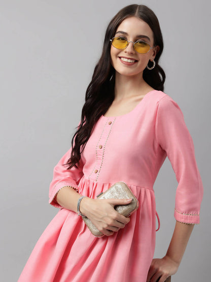 Pink Poly Cotton Solid Nayra Cut Kurta - Tirtha - Distacart
