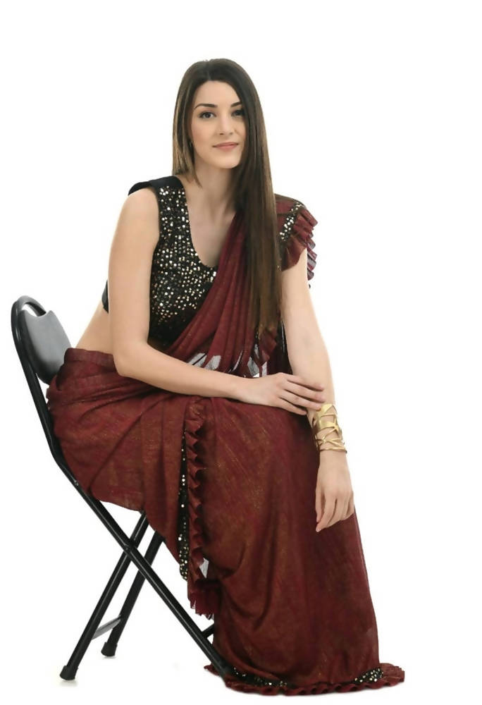 Mominos Fashion All Season Wear Rust And Black Ruffled Ready To Wear Saree - Distacart