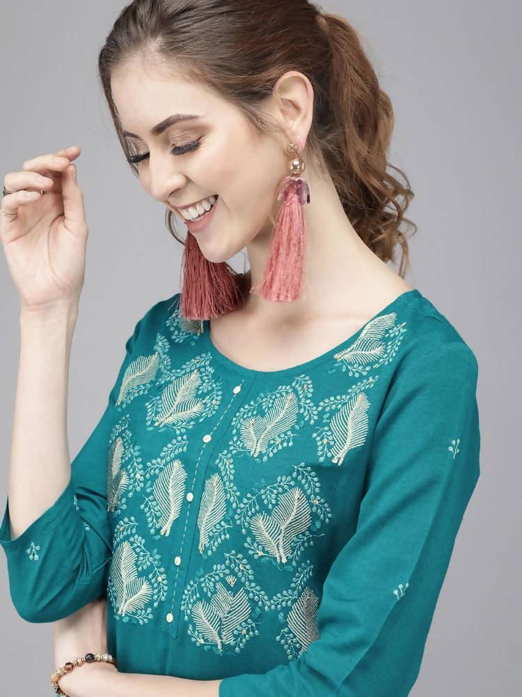 Yufta Women Green & Beige Embroidered Straight Kurta With Trouser