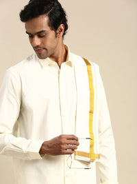 Thumbnail for Ramraj Cotton Wedding Cream Zari Dhoti with shirt Bit & Towel Set Akshayam 50k - Distacart