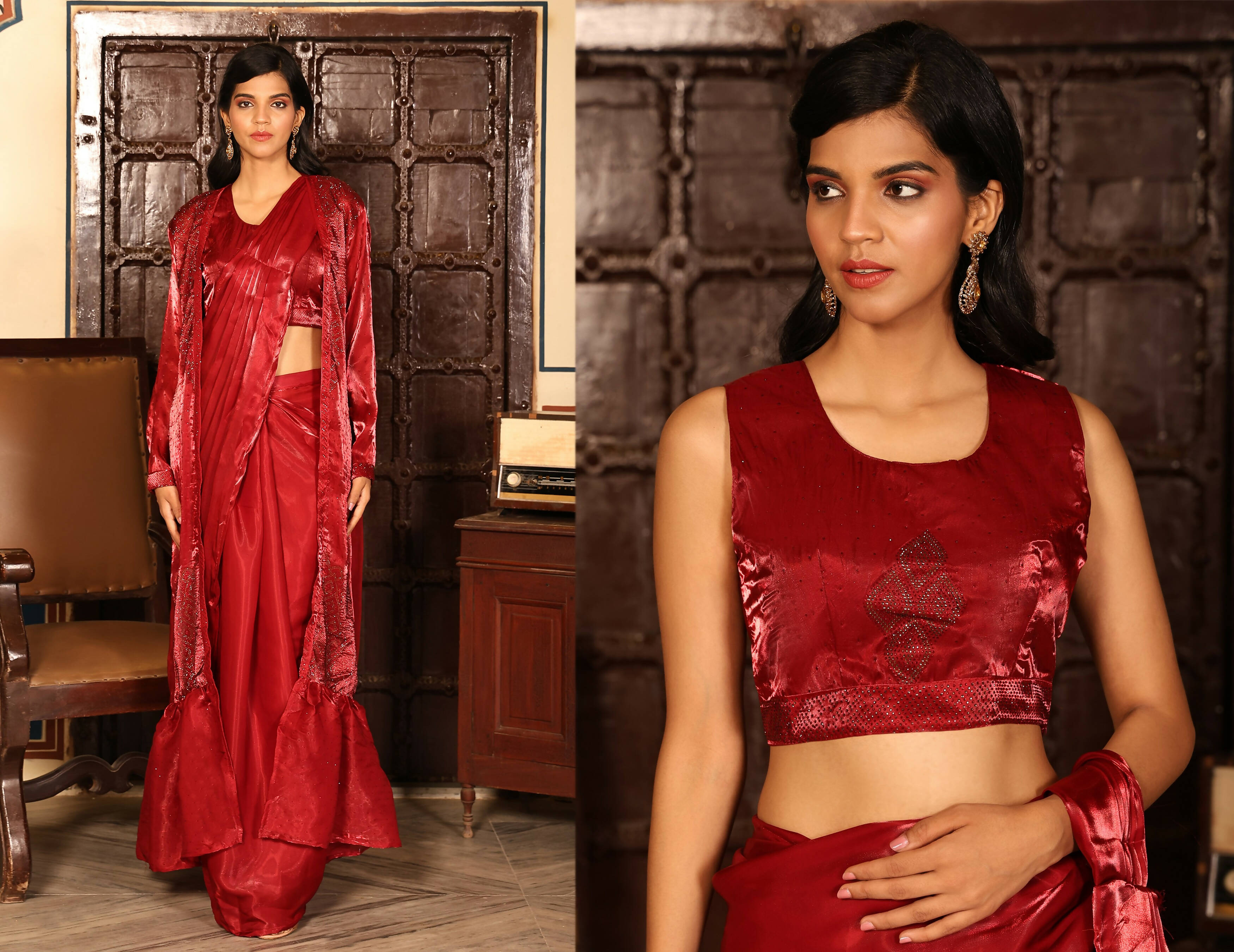 Red Tom Silk Plain Ready To Wear Saree With Stitched Blouse - Satiksha - Distacart