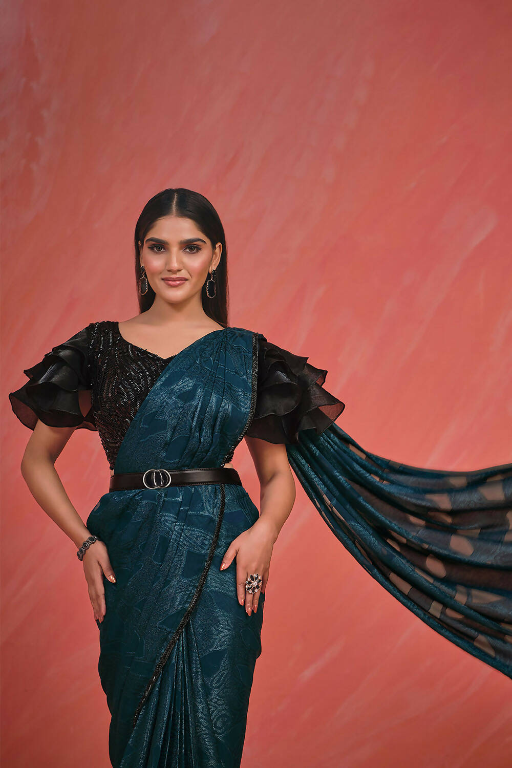 Teal Pattern Georgette Handwork & Lace with kardana work Saree With Stitched Blouse - Mohmanthan Elegancia - Distacart