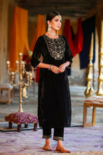 Thumbnail for Juniper Women Black Velvet Embroidered Straight Kurta Sets - Distacart