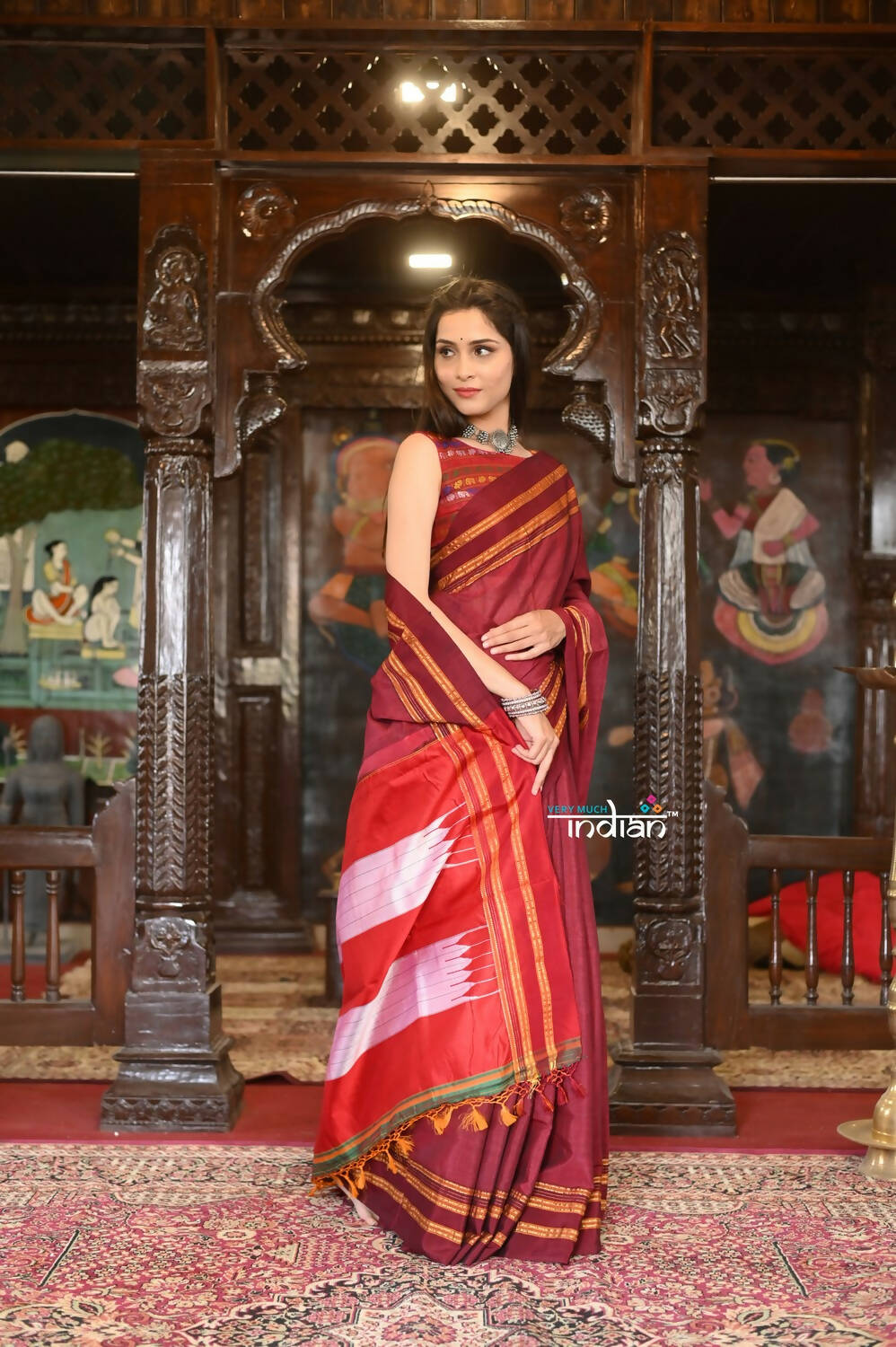 Very Much Indian Handloom Cotton Viscose Ilkal Saree Bright Maroon With Red Border - Distacart