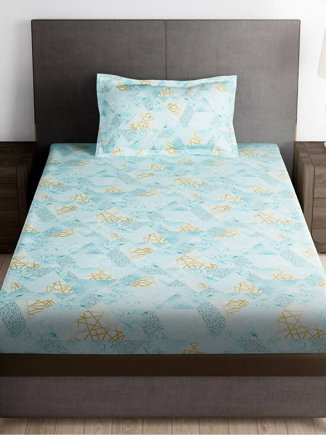 Story@home Arena Blue & Gold-Toned Printed 180 TC Bedsheet & Pillow Covers - Distacart