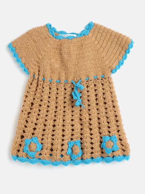 Chutput Kids Woollen Hand Knitted Full Sleeves Cardigan With Short Sleeves Flower Work Dress - Blue - Distacart