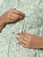 Thumbnail for Manet Frill Slevees Maternity Dress Floral Print With Concealed Zipper Nursing Access - Green - Distacart