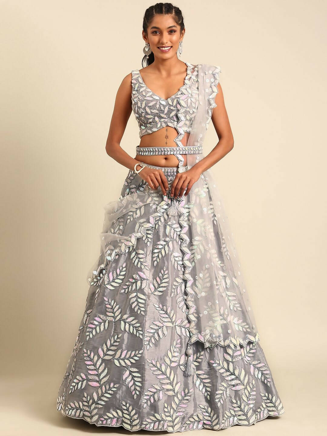 House of Panchhi Grey Organza Sequins & Zarkan embroidery Lehenga choli & Dupatta - Distacart