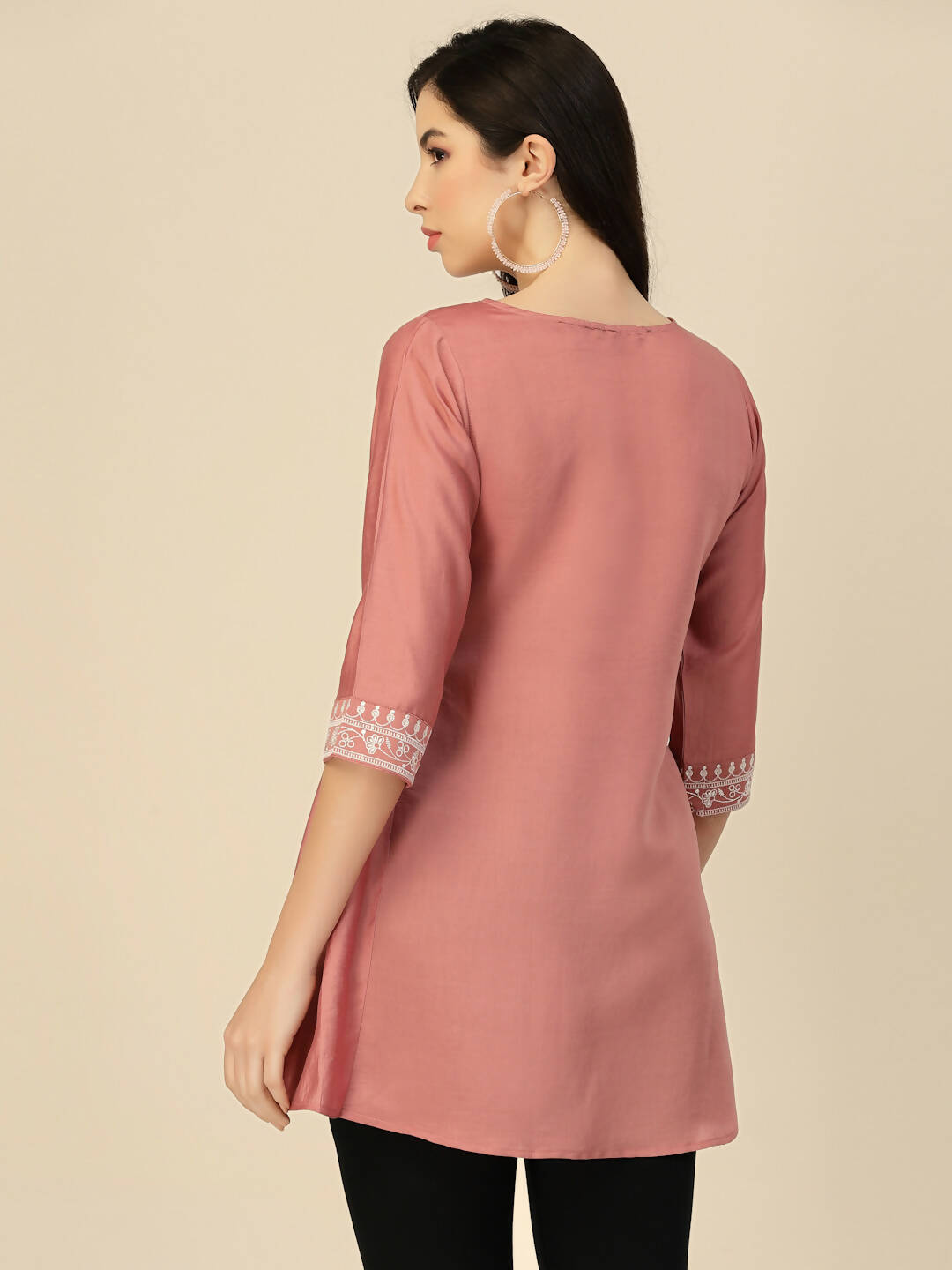 Peach Chinon Slub Floral Embroidered Top - Zeny - Distacart