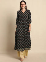Thumbnail for Janasya Black Ethnic Motif Printed Gotta Patti Anarkali Kurta - Distacart