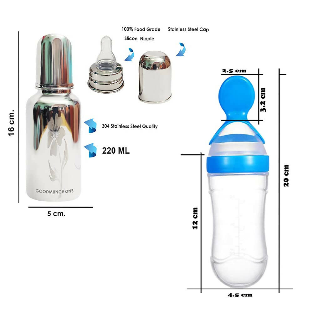 Goodmunchkins Stainless Steel Feeding Bottle & Spoon Food Feeder Anti Colic Silicone Nipple Combo-(Blue, 220ml) - Distacart