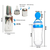 Thumbnail for Goodmunchkins Stainless Steel Feeding Bottle & Spoon Food Feeder Anti Colic Silicone Nipple Combo-(Blue, 220ml) - Distacart