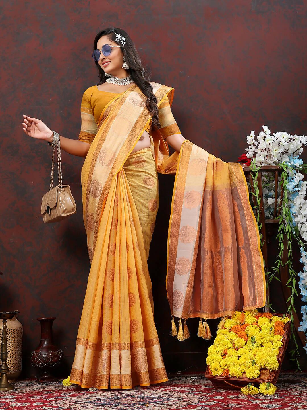 Lorenvalley Fashion Orange Cotton with Woven Design Zari Weaving Saree - Distacart