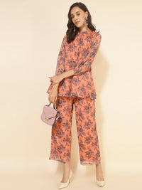 Thumbnail for Janasya Women's Peach Chiffon Lurex Floral Printed Festive Regular Co-ords - Distacart
