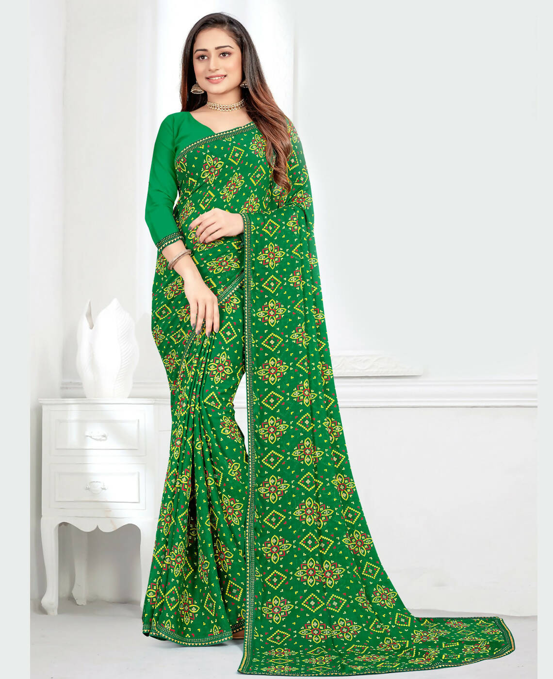 Green Georgette Bandhani Printed Saree With Unstitched Blouse Piece - Jyoti - Distacart
