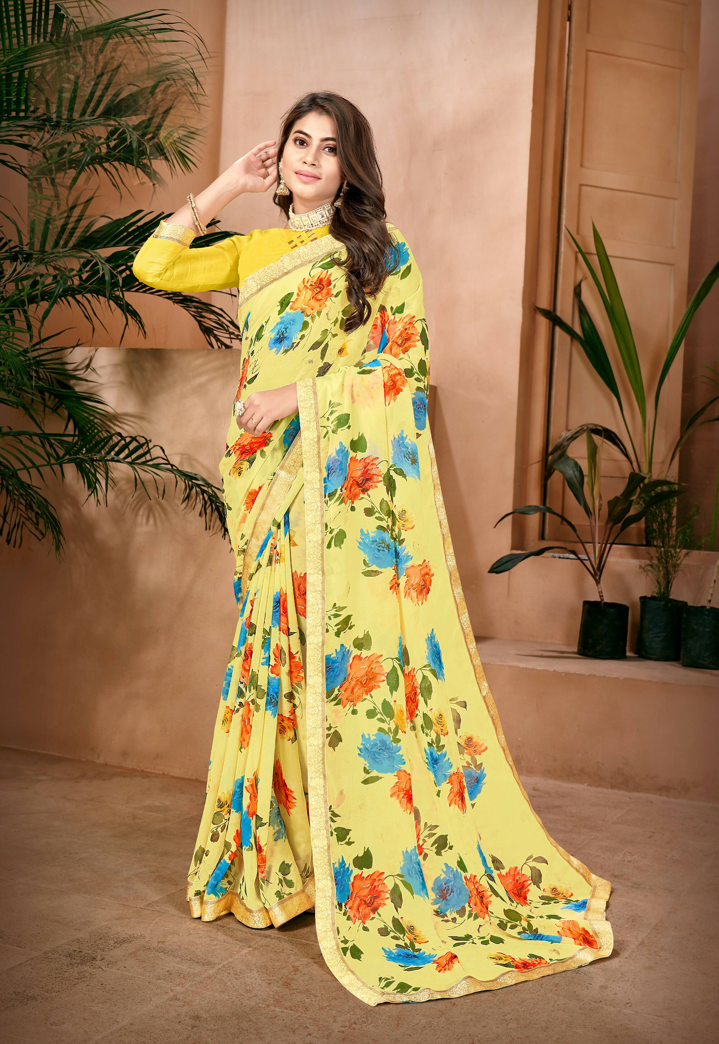 Yellow Georgette Floral Printed Saree With Unstitched Blouse Piece - Jyoti - Distacart