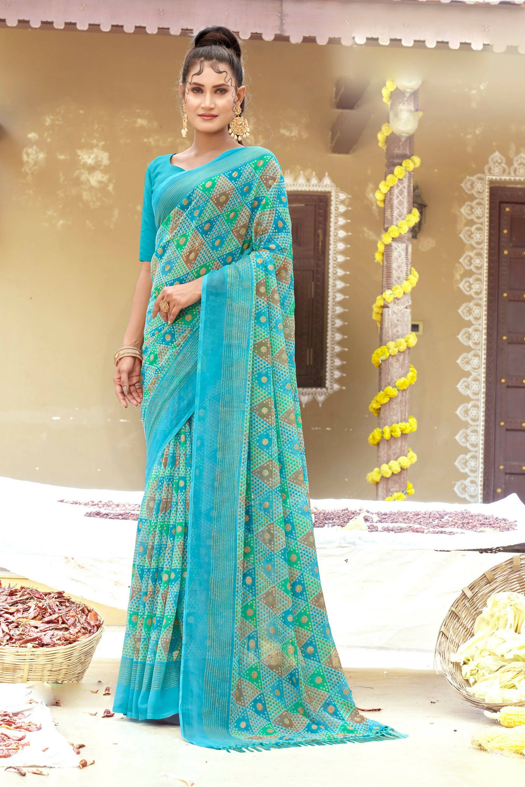Sky Blue Chiffon Printed Ivory Print and Zari work Saree with Unstitched Blouse Piece - Shanaya - Distacart