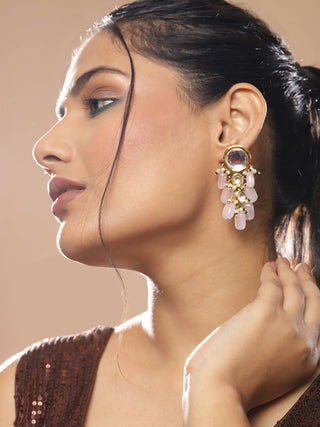 Gold-Toned White Kundan Contemporary Gold-Plated Drop Earrings - Ruby Raang - Distacart