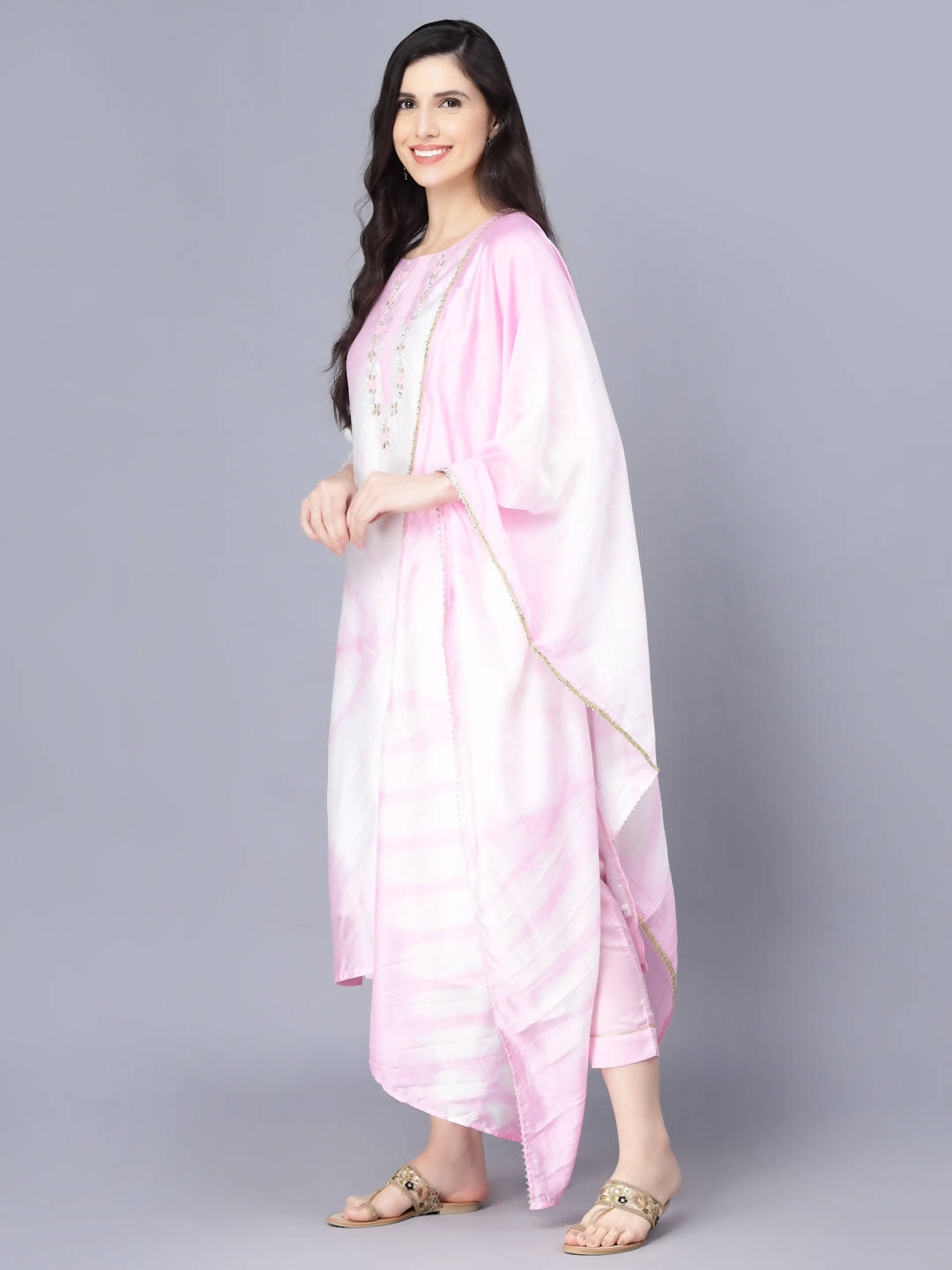 Myshka Women Pink Striped Empire Kurti with Trousers With Dupatta - Distacart