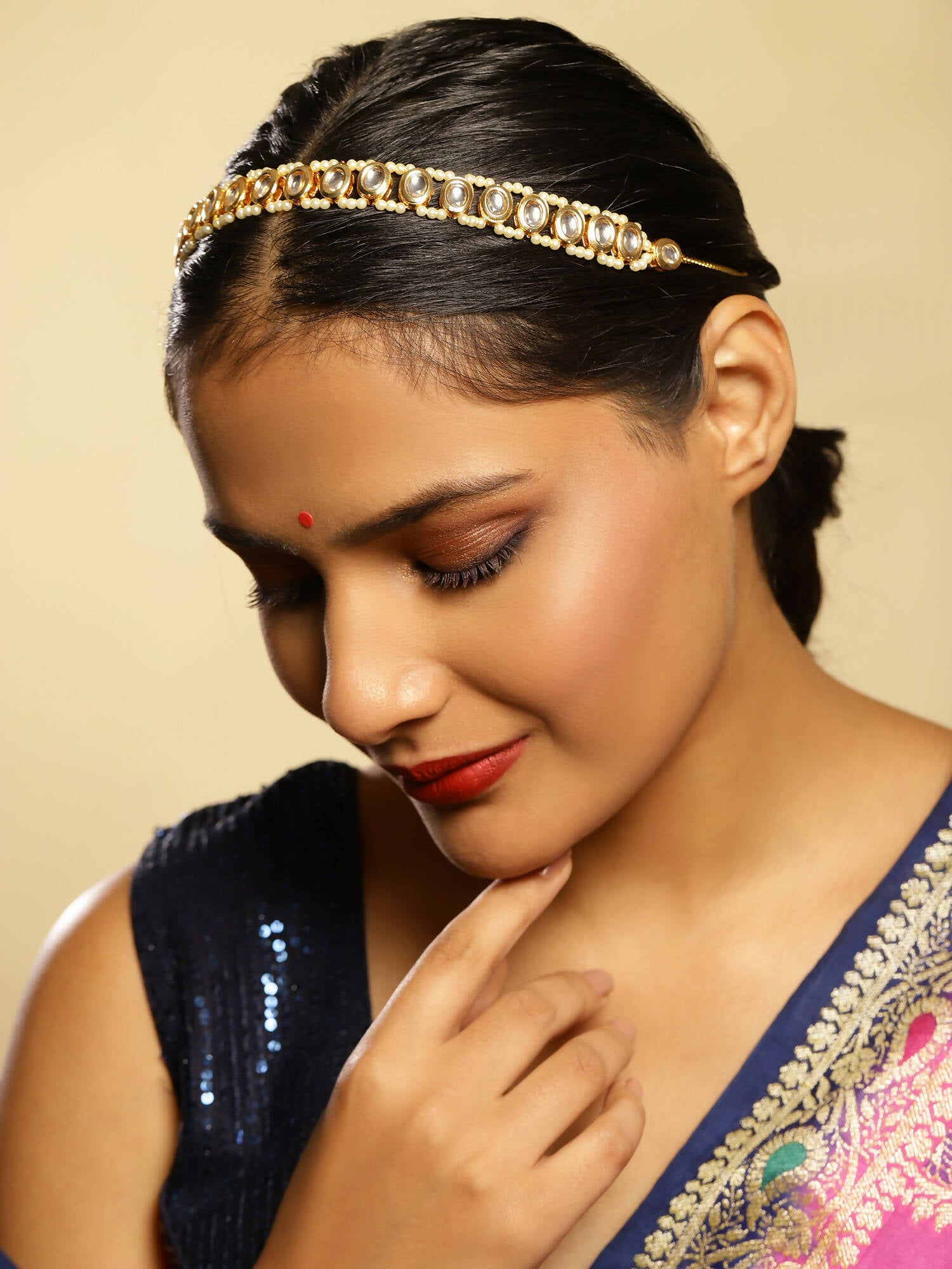Gold-Plated White Kundan-Studded Pearl Beaded Hair Band - Ruby Raang - Distacart