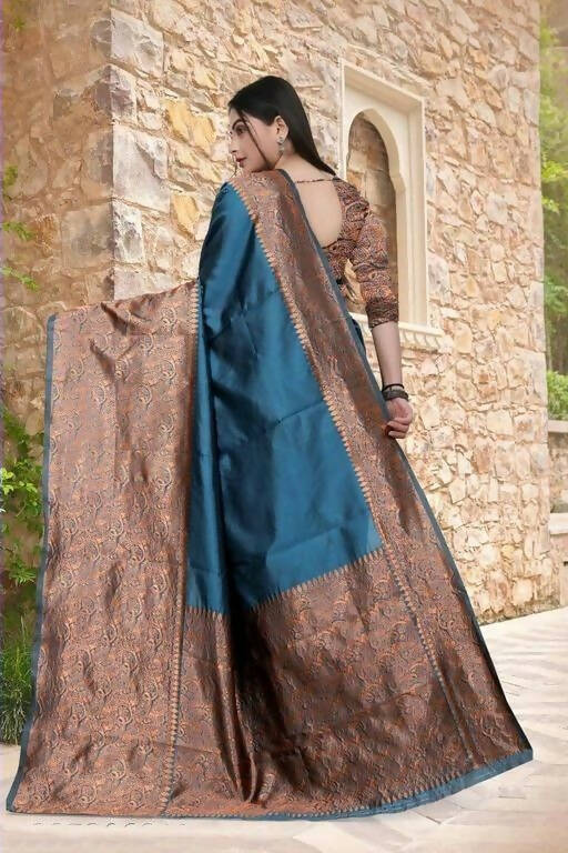 DEIANA'S Beautiful Golden Jari with New Design Soft Lichi Silk Saree - Teal - Distacart