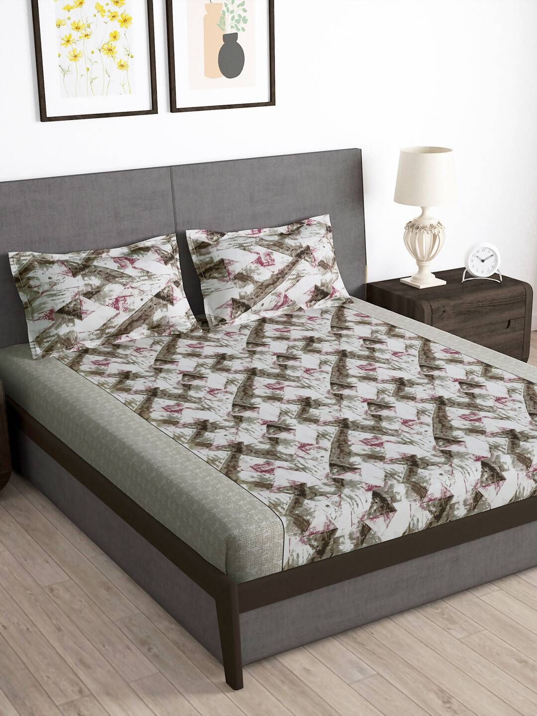 Story@home Brown & Pink Abstract Microfiber 180 TC Bedsheet With Pillow Cover - Distacart