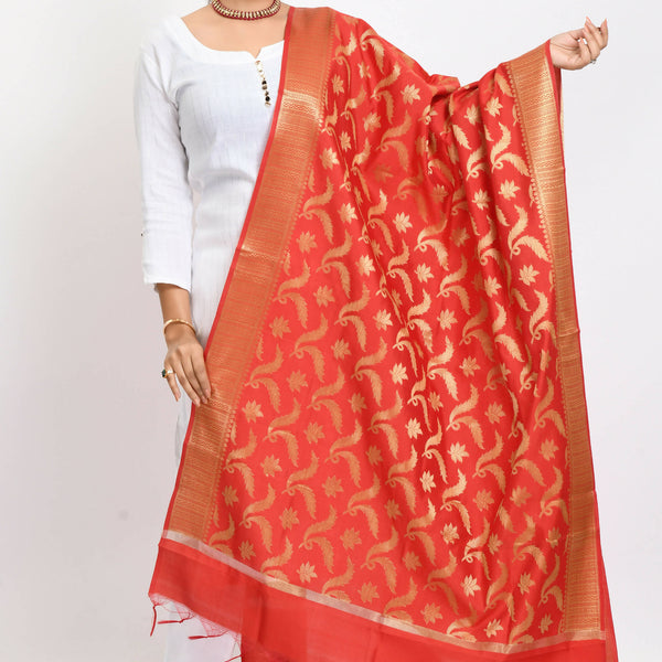 Mominos Fashion Moeza Women's Banarsi Silk Floral Woven Design Red Dupatta - Distacart