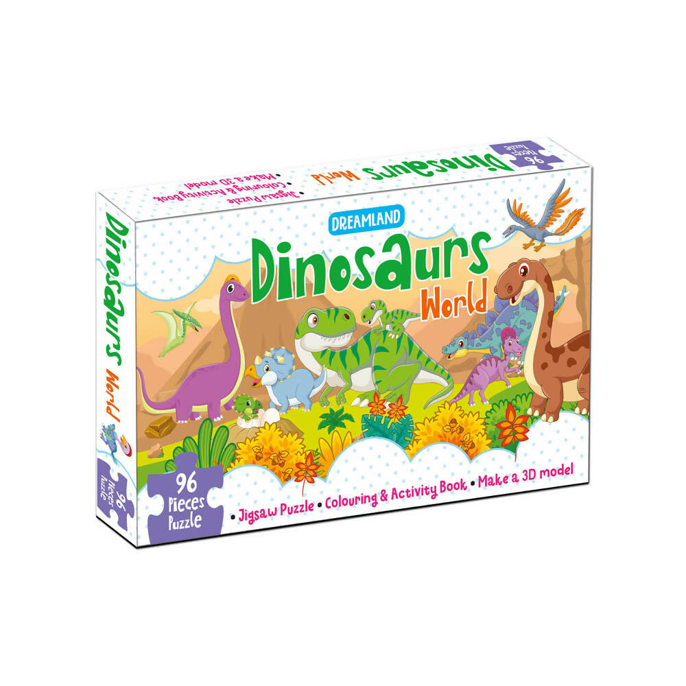 Dreamland Dinosaurs World Jigsaw Puzzle for Kids – 96 Pcs | With Colouring & Activity Book and 3D Model - Distacart
