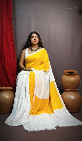 Exclusive Collection Chikankari Sequence Saree - White & Yellow - Distacart