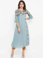 Thumbnail for Janasya Blue Floral Embroidered Flared Sleeves Thread Work Crepe Anarkali Kurta - Distacart