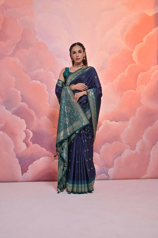 Vishnu Weaves Women's Navy-Blue Soft Silk Zari Woven Saree with Blouse - Distacart