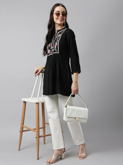 Black Rayon Yoke Embroidered A-line Top - Tarini - Distacart