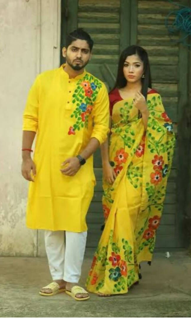 Exclusive Collection Elegant Hand Printing Designe On Pure Cotton Saree And Men's Kurta - Yellow - Distacart