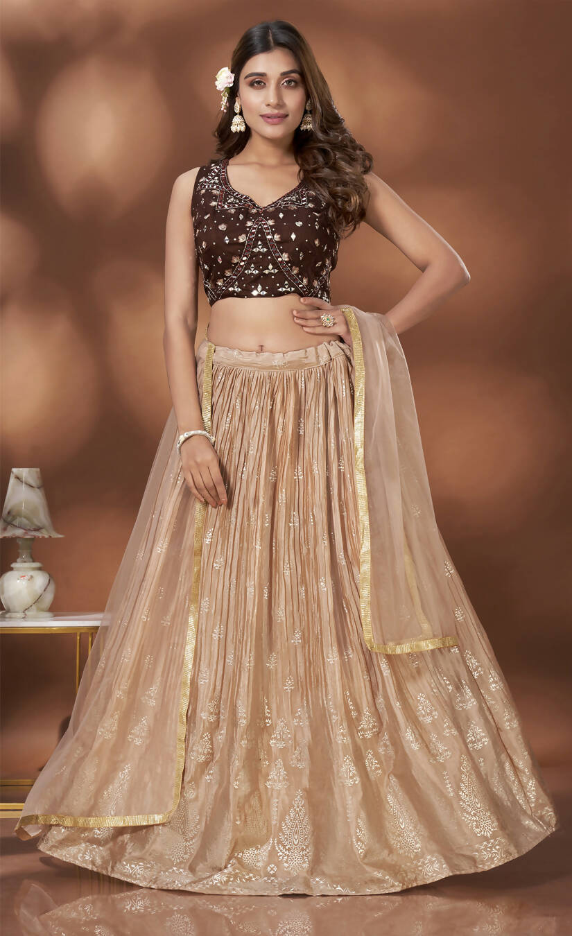 Beige Chinnon Crush Foil Printed Lehenga Choli with Dupatta - Aakriti - Distacart