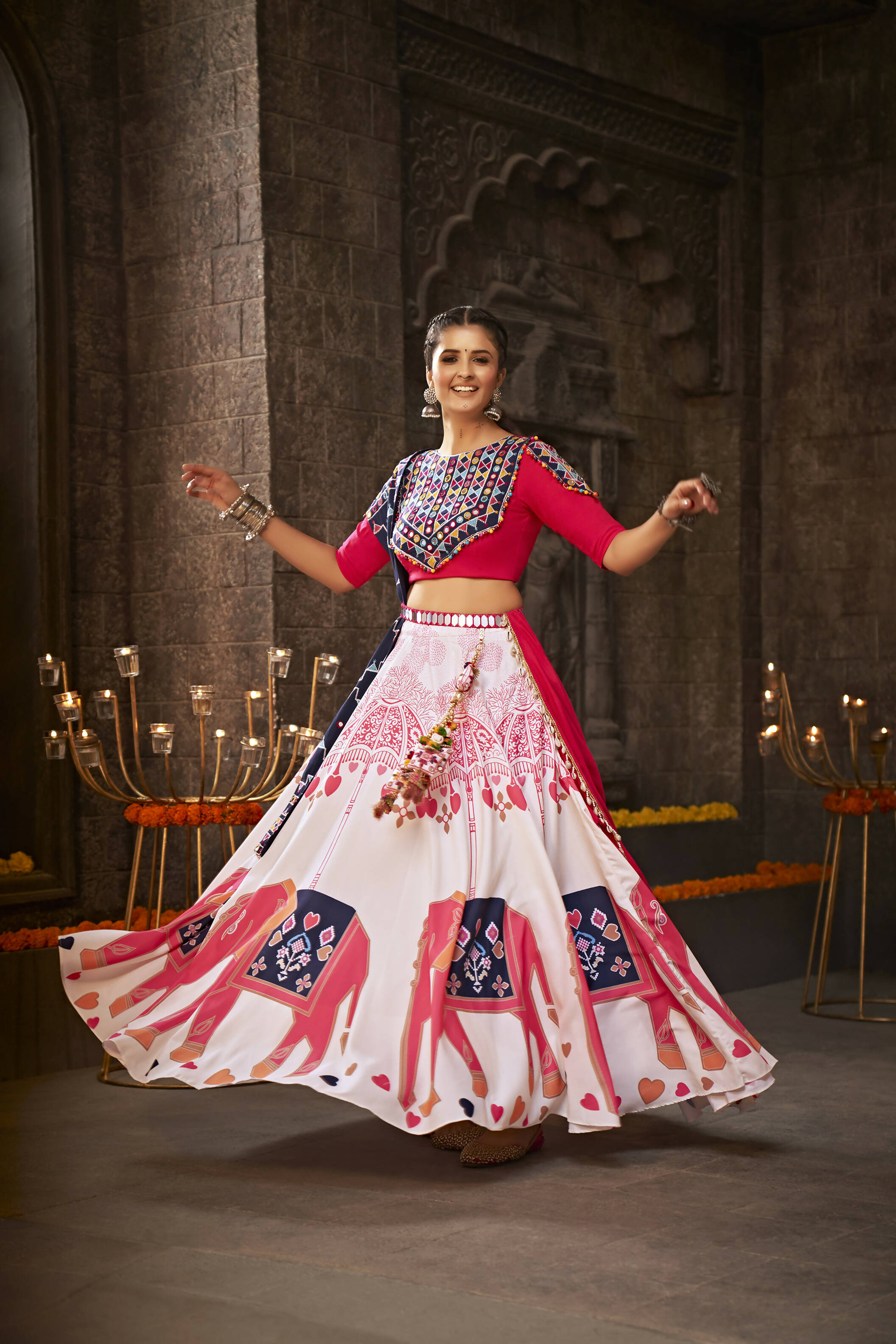 White Rayon Thread Embroidered Navratri Lehenga Choli with Dupatta - Raas - Distacart