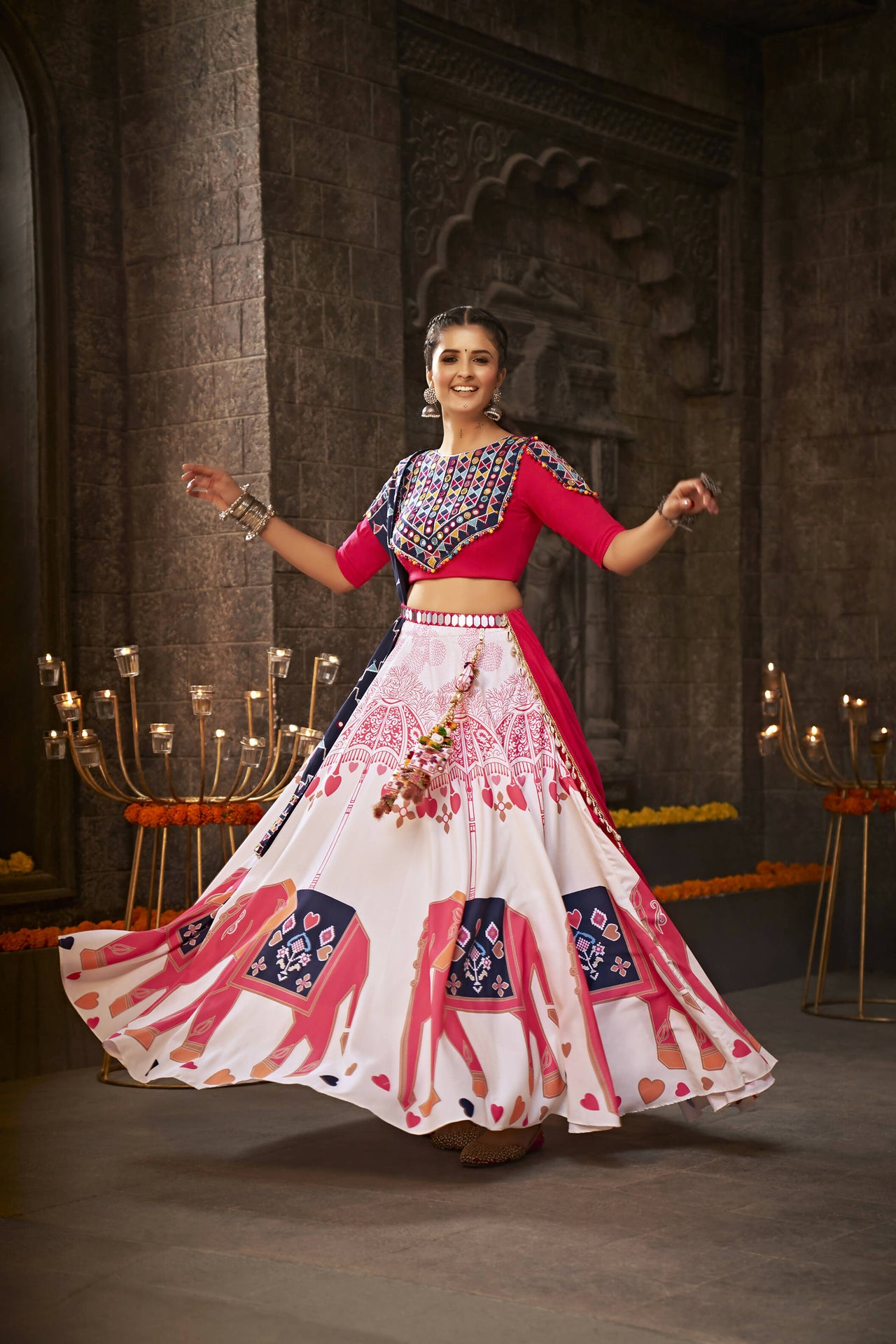 White Rayon Thread Embroidered Navratri Lehenga Choli with Dupatta - Raas - Distacart