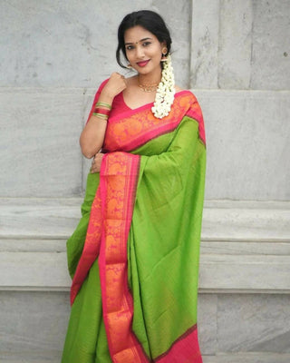 DEIANA'S Beautiful Golden Jari with New Design Soft Lichi Silk Saree - Parrot - Distacart