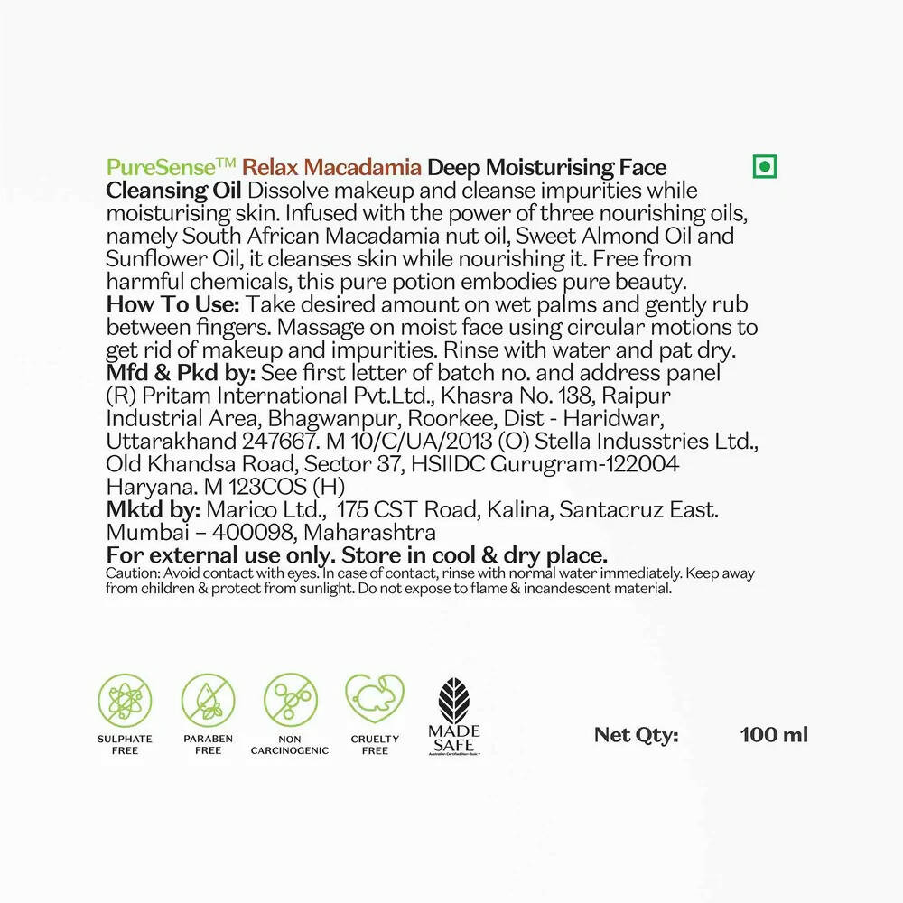 PureSense Relaxing Macadamia Deep Nourishing Face Cleansing Oil - Distacart