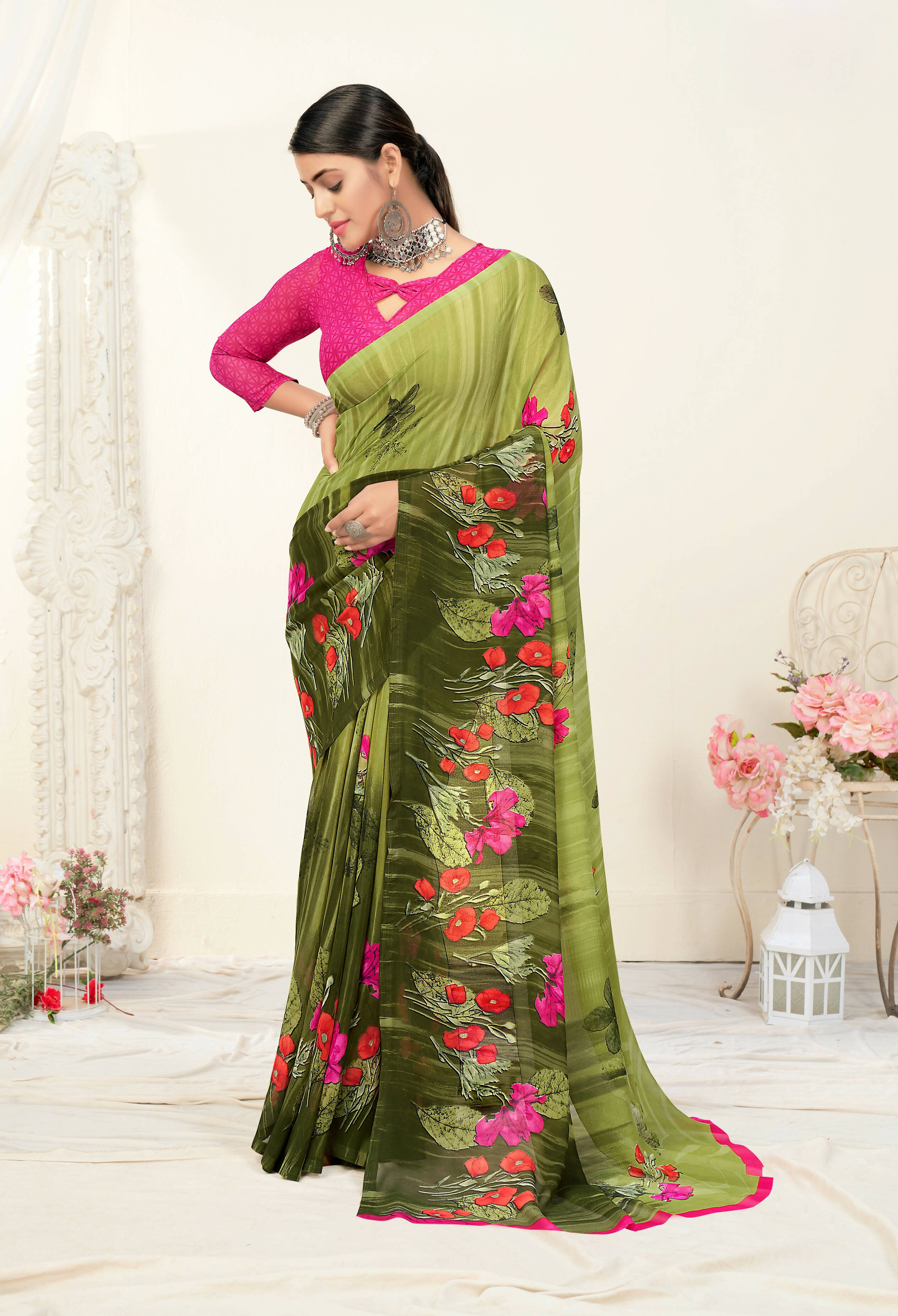 Green Georgette Floral Printed Saree With Unstitched Blouse Piece - Jyoti - Distacart