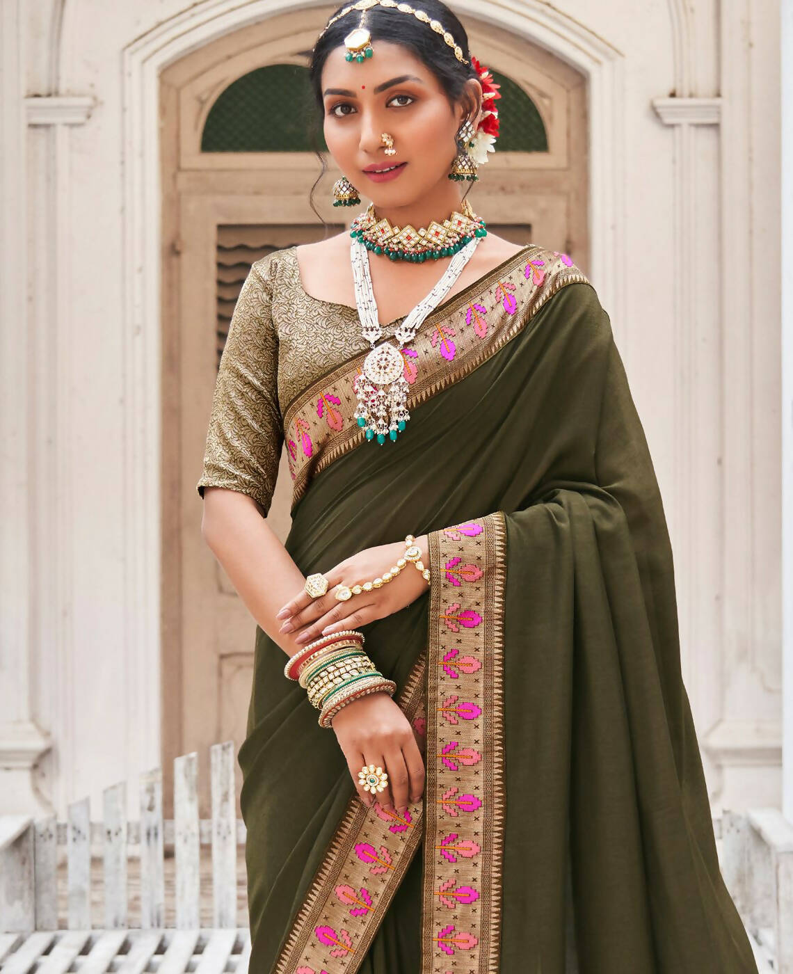 Olive Vichitra Solid Saree With Unstitched Blouse Piece - Juhi - Distacart