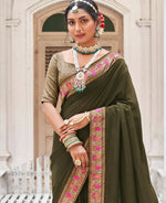 Thumbnail for Olive Vichitra Solid Saree With Unstitched Blouse Piece - Juhi - Distacart