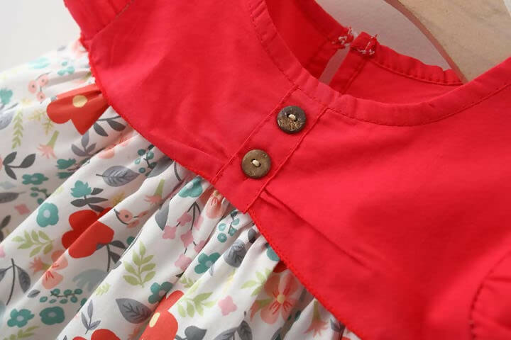 Bold N Elegant Cotton Floral Printed Ruffle Sleeve Princess Dress Frock With Fabric Hat Cap - Red - Distacart