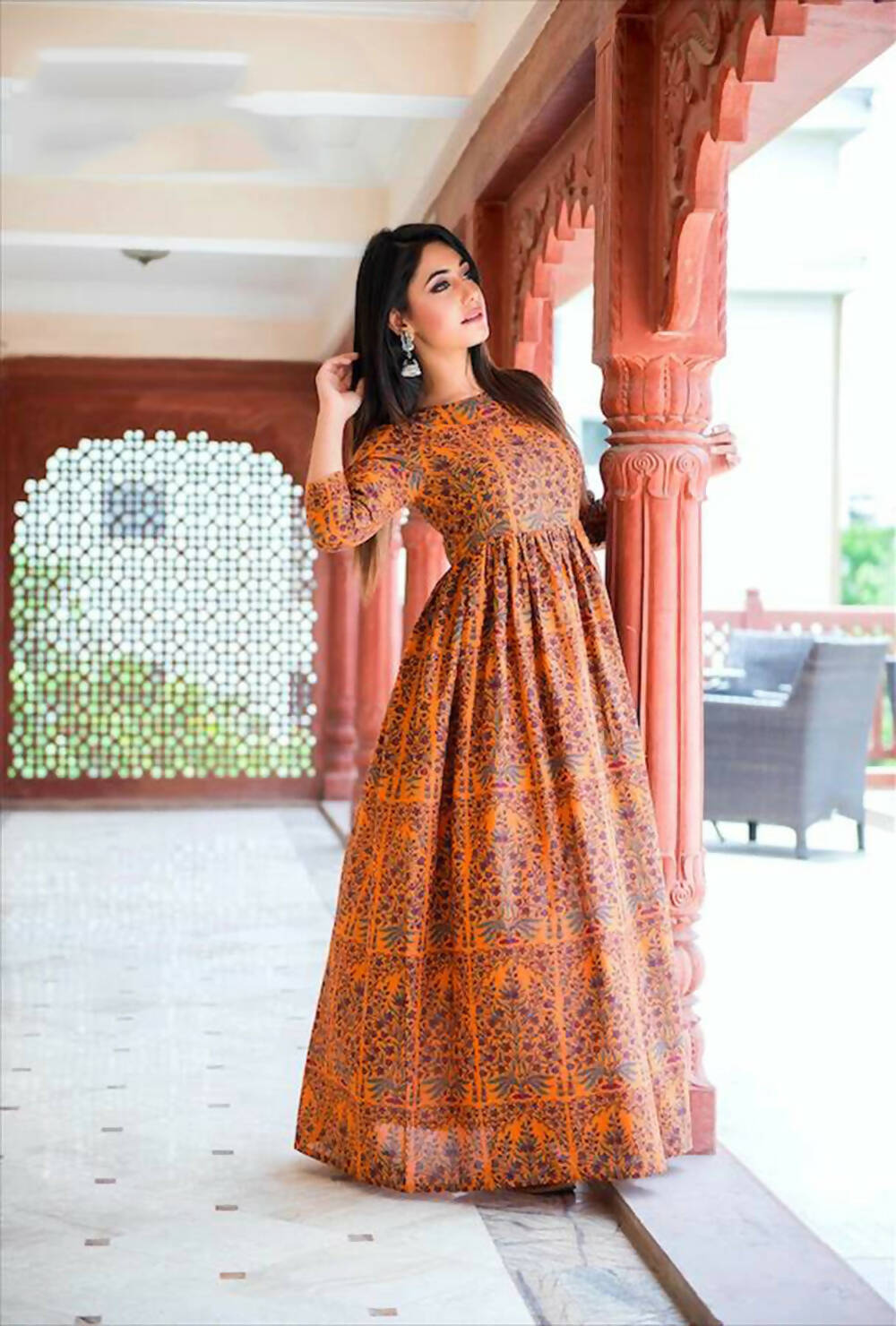 Designer Partywear Printed Dark Coral Pure Maslin Gown - Anbazaar - Distacart