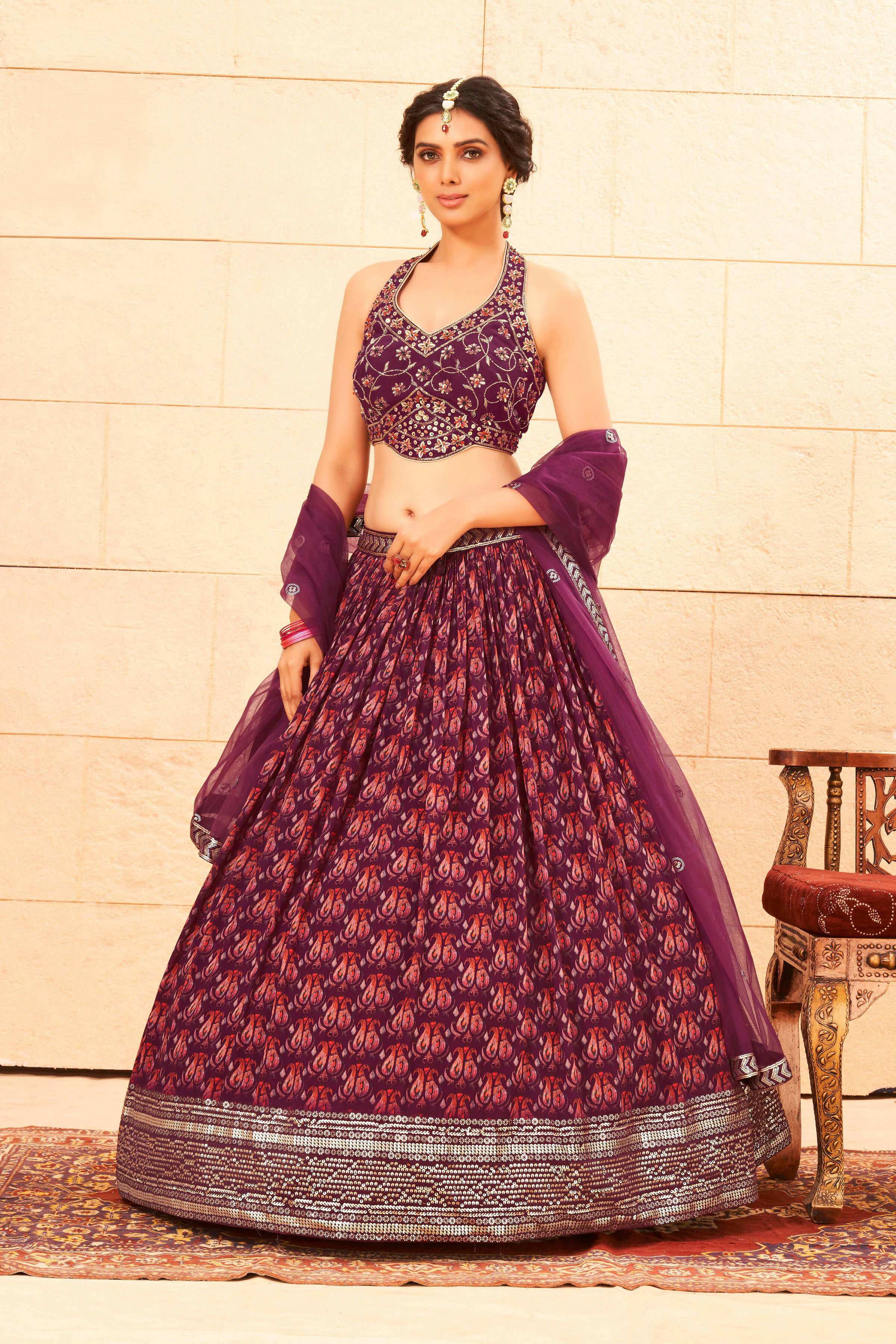 Purple Faux Georgette Sequence work Lehenga Choli with Dupatta - Dhvani - Distacart