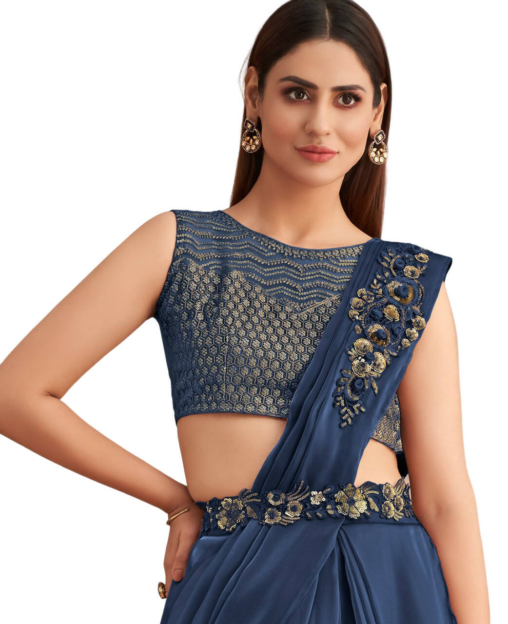 Navy Blue Satin Embroidered Ready To Wear Saree With Unstitched Blouse Piece - Nandika - Distacart
