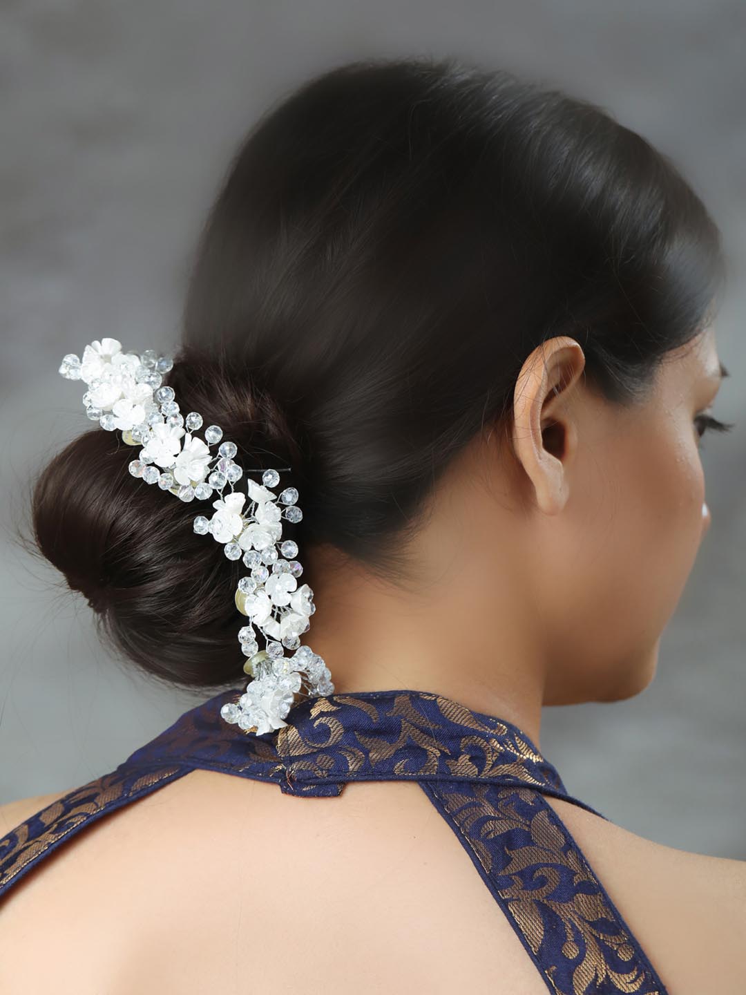 Priyaasi Women White Crystal Silver Plated Floral Bun Hair Accessory - Distacart
