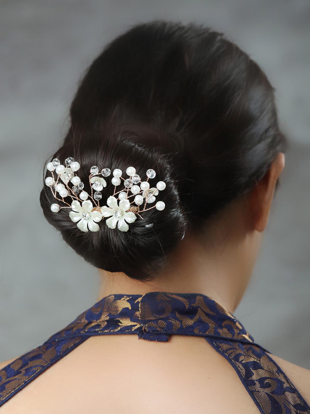 Priyaasi Women White Pearls Crystal Gold Plated Floral Hair Pin - Distacart